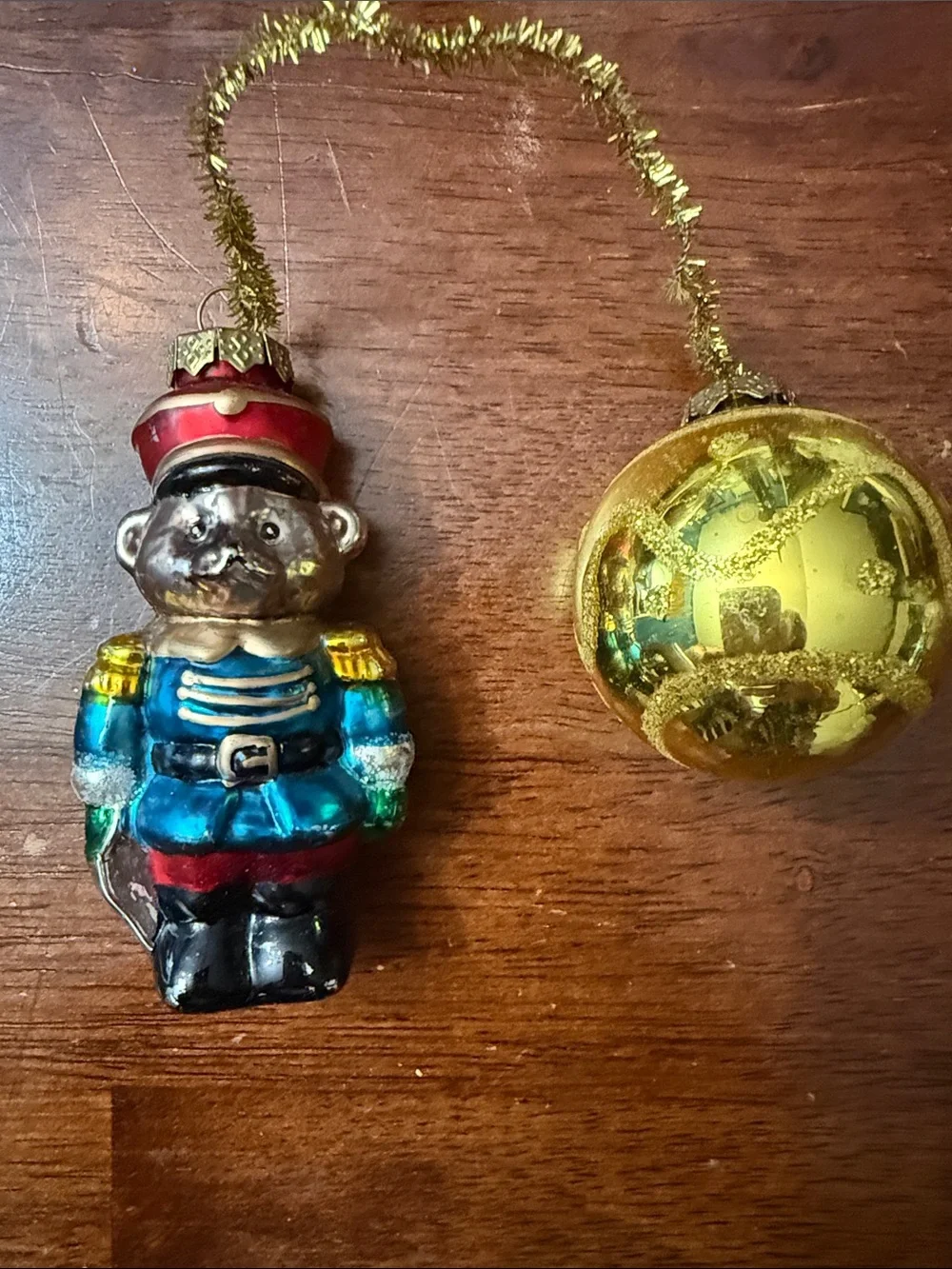 Vintage Gold & Blue Nutcracker Bear Holiday Ornament